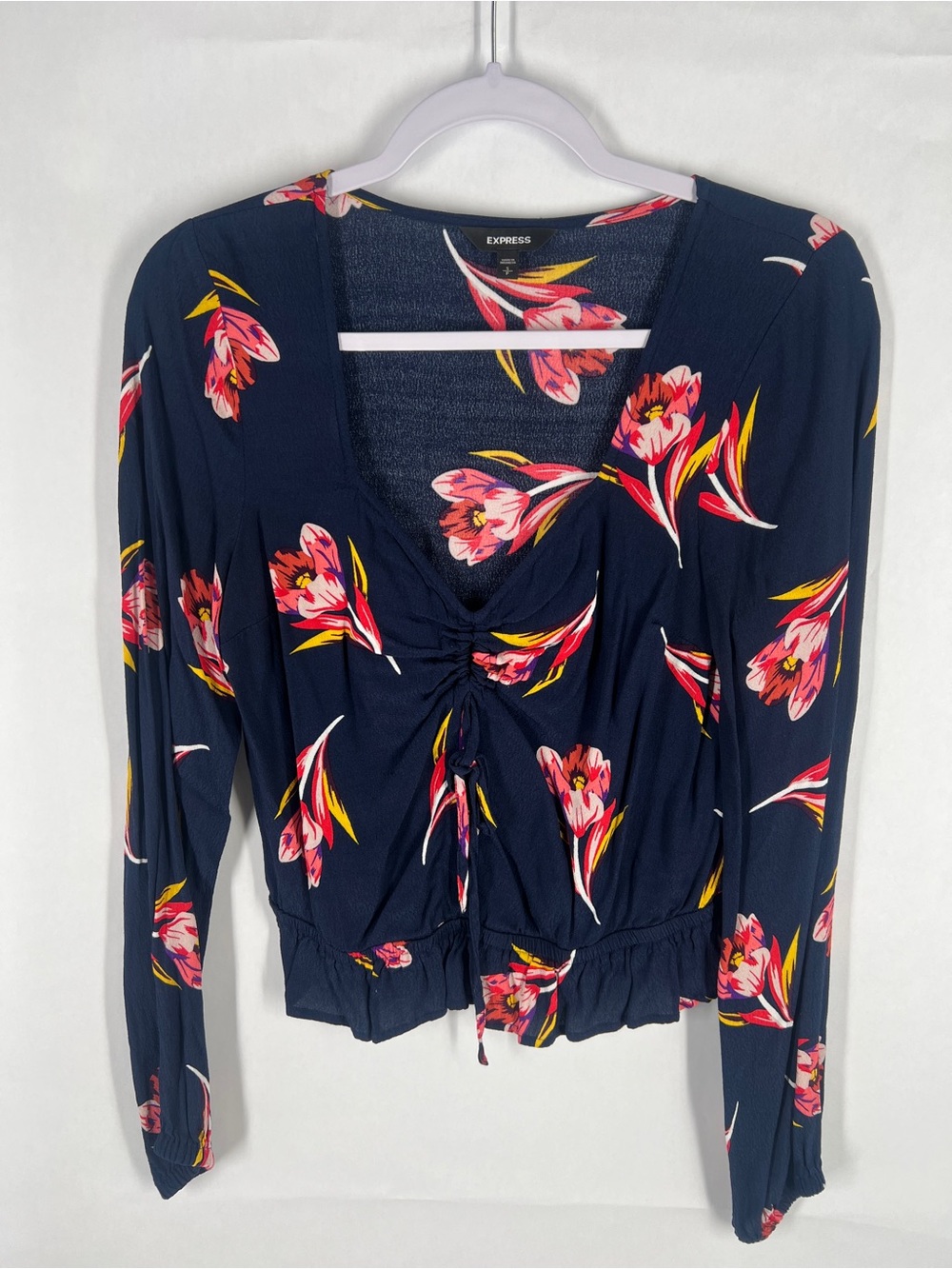 Express Floral Tie Front Peplum Blouse‎ Size S Petite Navy Rayon Boho